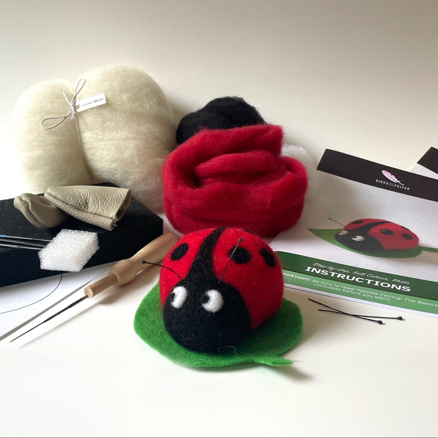Felting kit with felted ladybug, needle, wool, and instruction manual on a white background